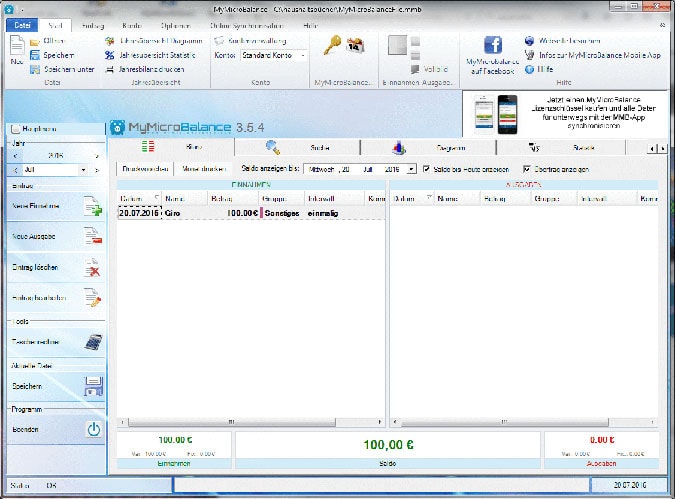 Screenshot des Startbildschirms von MyMicroBalance