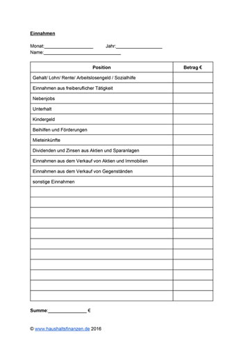 Haushaltsbuch PDF-Vorlage nach Position für Einnahmen vorausgefüllt.